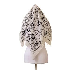 Vintage Black and White Rose Pattern Scarf 100% Polyester Made in Italy